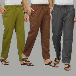 Combo of 3 Mos Green Coffee Brown and Dark Gray Cotton Men Pants-45955