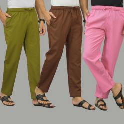 Combo of 3 Mos Green Coffee Brown and Pink Cotton Men Pants-45959