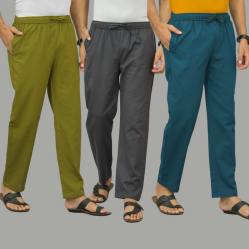 Combo of 3 Mos Green Dark Gray and Blue Cotton Men Pants-45962
