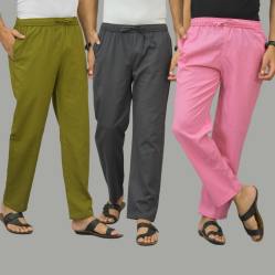 Combo of 3 Mos Green Dark Gray and Pink Cotton Men Pants-45963
