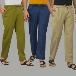 Combo of 3 Mos Green Navy Blue and Beige Cotton Men Pants-45930