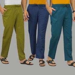 Combo of 3 Mos Green Navy Blue and Blue Cotton Men Pants-45932
