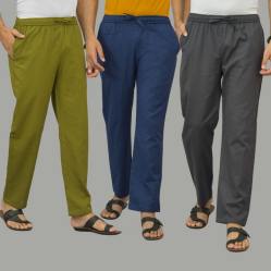 Combo of 3 Mos Green Navy Blue and Dark Gray Cotton Men Pants-45929