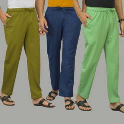 Combo of 3 Mos Green Navy Blue and Parrot Green Cotton Men Pants-45931