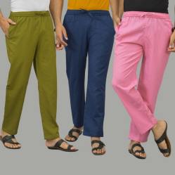 Combo of 3 Mos Green Navy Blue and Pink Cotton Men Pants-45933