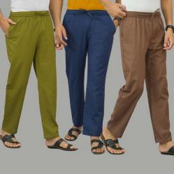 Combo of 3 Mos Green Navy Blue and Rust Brown Cotton Men Pants-45927