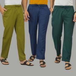 Combo of 3 Mos Green Navy Blue and Teal Blue Cotton Men Pants-45926