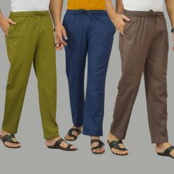 Combo of 3 Mos Green Navy Blue and Wood Brown Cotton Men Pants-45925