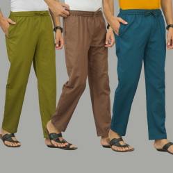 Combo of 3 Mos Green Rust Brown and Blue Cotton Men Pants-45953