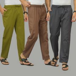 Combo of 3 Mos Green Rust Brown and Dark Gray Cotton Men Pants-45950