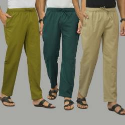 Combo of 3 Mos Green Teal Blue and Beige Cotton Men Pants-45945