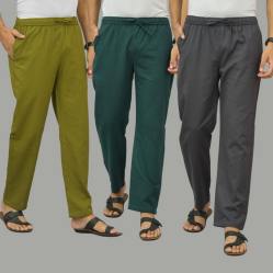 Combo of 3 Mos Green Teal Blue and Dark Gray Cotton Men Pants-45944