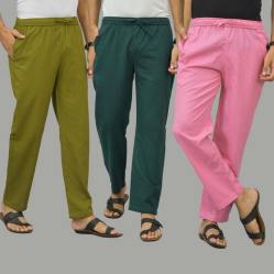 Combo of 3 Mos Green Teal Blue and Pink Cotton Men Pants-45948