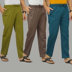Combo of 3 Mos Green Wood Brown and Blue Cotton Men Pants-45940