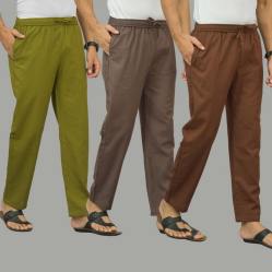 Combo of 3 Mos Green Wood Brown and Coffee Brown Cotton Men Pants-45936