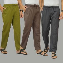 Combo of 3 Mos Green Wood Brown and Dark Gray Cotton Men Pants-45937