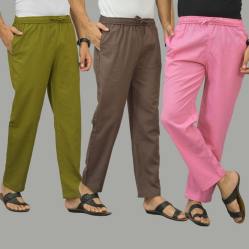 Combo of 3 Mos Green Wood Brown and Pink Cotton Men Pants-45941