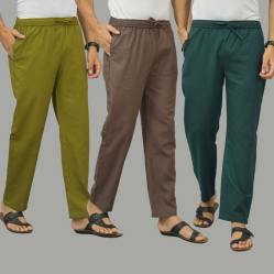 Combo of 3 Mos Green Wood Brown and Teal Blue Cotton Men Pants-45934