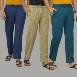 Combo of 3 Navy Blue Beige and Blue Cotton Men Pants-46001