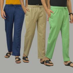 Combo of 3 Navy Blue Beige and Parrot Green Cotton Men Pants-46000