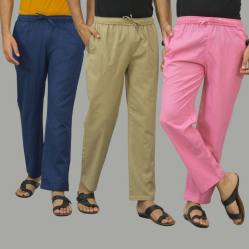 Combo of 3 Navy Blue Beige and Pink Cotton Men Pants-46002