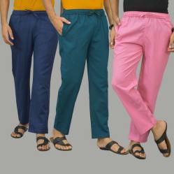 Combo of 3 Navy Blue Blue and Pink Cotton Men Pants-46005