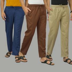Combo of 3 Navy Blue Coffee Brown and Beige Cotton Men Pants-45992