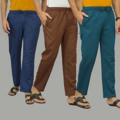 Combo of 3 Navy Blue Coffee Brown and Blue Cotton Men Pants-45994