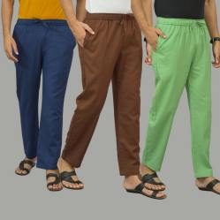 Combo of 3 Navy Blue Coffee Brown and Parrot Green Cotton Men Pants-45993