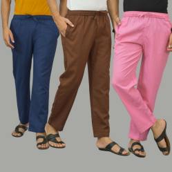 Combo of 3 Navy Blue Coffee Brown and Pink Cotton Men Pants-45995