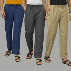 Combo of 3 Navy Blue Dark Gray and Beige Cotton Men Pants-45996
