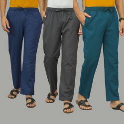 Combo of 3 Navy Blue Dark Gray and Blue Cotton Men Pants-45998