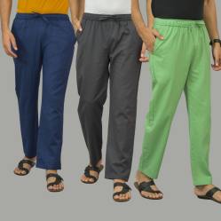 Combo of 3 Navy Blue Dark Gray and Parrot Green Cotton Men Pants-45997