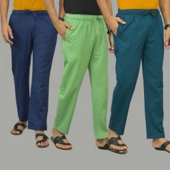 Combo of 3 Navy Blue Parrot Green and Blue Cotton Men Pants-46003