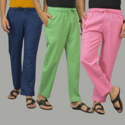 Combo of 3 Navy Blue Parrot Green and Pink Cotton Men Pants-46004
