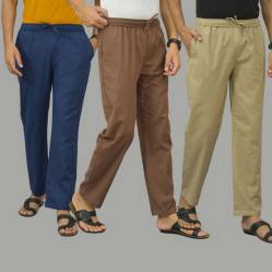 Combo of 3 Navy Blue Rust Brown and Beige Cotton Men Pants-45987