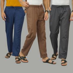 Combo of 3 Navy Blue Rust Brown and Dark Gray Cotton Men Pants-45986