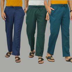 Combo of 3 Navy Blue Teal Blue and Blue Cotton Men Pants-45983