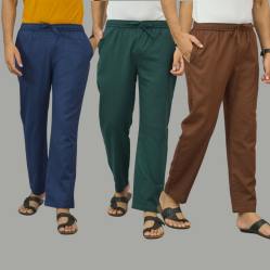 Combo of 3 Navy Blue Teal Blue and Coffee Brown Cotton Men Pants-45979