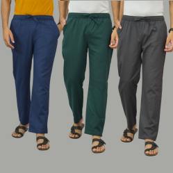 Combo of 3 Navy Blue Teal Blue and Dark Gray Cotton Men Pants-45980
