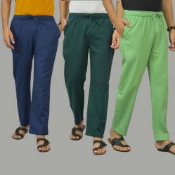 Combo of 3 Navy Blue Teal Blue and Parrot Green Cotton Men Pants-45982