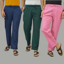 Combo of 3 Navy Blue Teal Blue and Pink Cotton Men Pants-45984