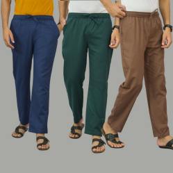Combo of 3 Navy Blue Teal Blue and Rust Brown Cotton Men Pants-45978