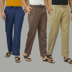 Combo of 3 Navy Blue Wood Brown and Beige Cotton Men Pants-45974