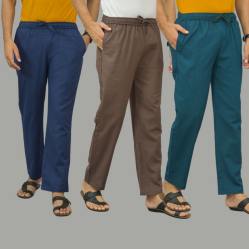 Combo of 3 Navy Blue Wood Brown and Blue Cotton Men Pants-45976