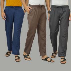 Combo of 3 Navy Blue Wood Brown and Dark Gray Cotton Men Pants-45973
