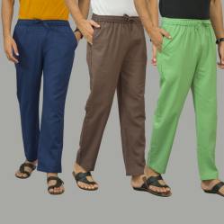 Combo of 3 Navy Blue Wood Brown and Parrot Green Cotton Men Pants-45975