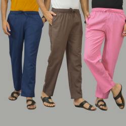 Combo of 3 Navy Blue Wood Brown and Pink Cotton Men Pants-45977