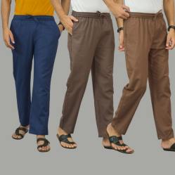 Combo of 3 Navy Blue Wood Brown and Rust Brown Cotton Men Pants-45971