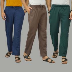 Combo of 3 Navy Blue Wood Brown and Teal Blue Cotton Men Pants-45970